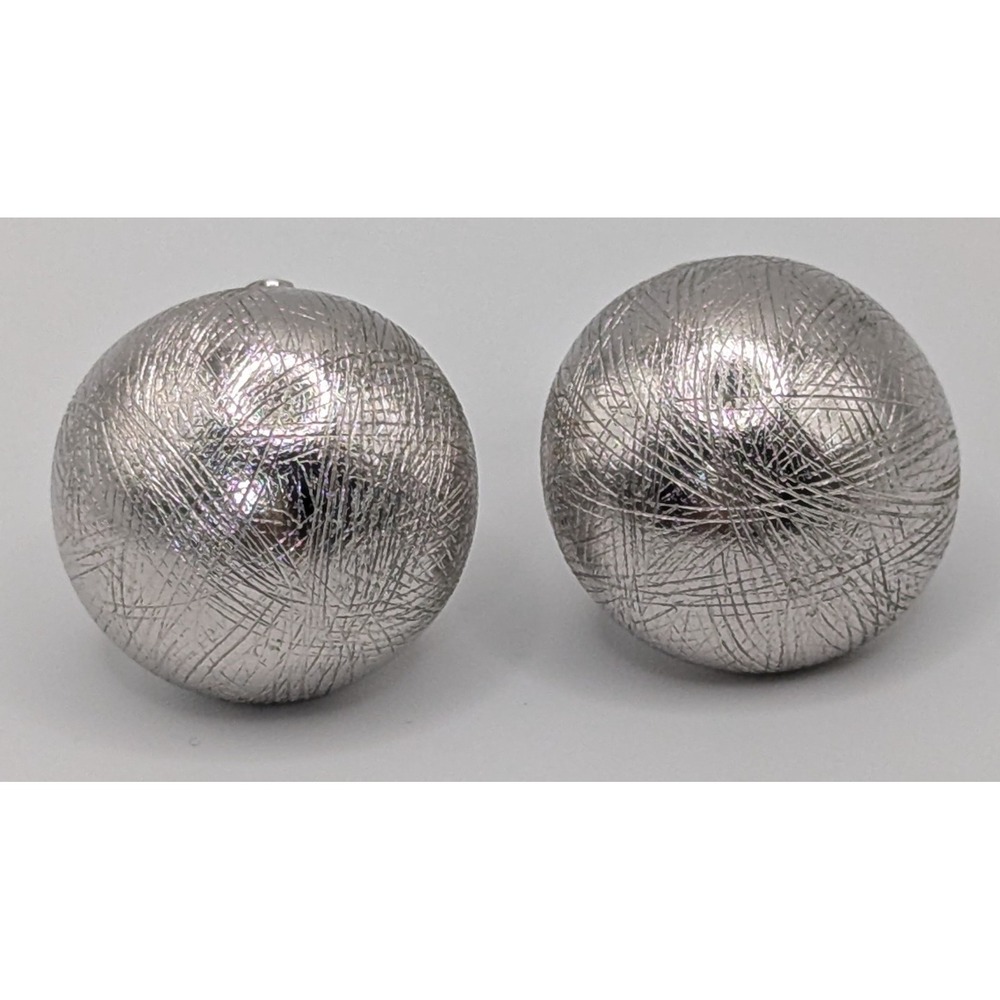Vtg MCM Signed Whiting & Davis Silver-Tone Textured Dome Button Clip-On Earrings